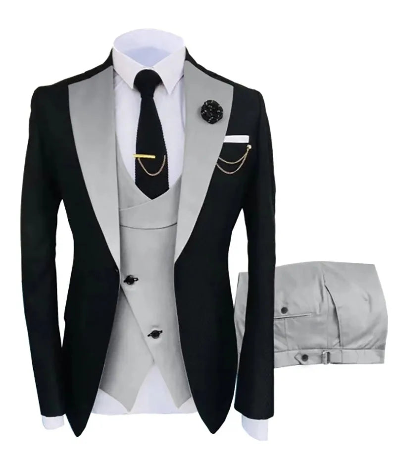 Showlu Smart General men's black slim fit business suit with tuxedo jacket, pants, and vest for formal weddings and occasions.