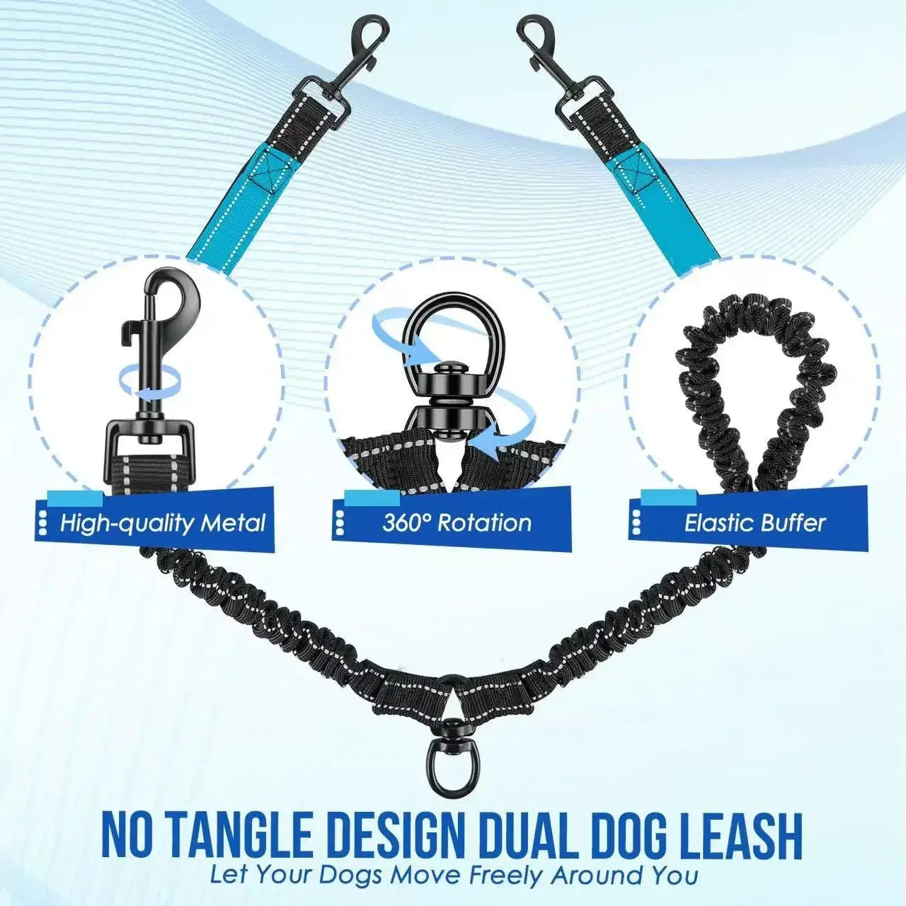 Reflective double dog leash by Showlu Fashion Store, no-tangle nylon dual leash for walking two dogs safely and comfortably.