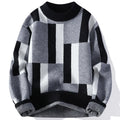 Showlu Fashion Store men's and women's plaid knit sweater with mock neck, casual loose fit, perfect for autumn and winter warmth.