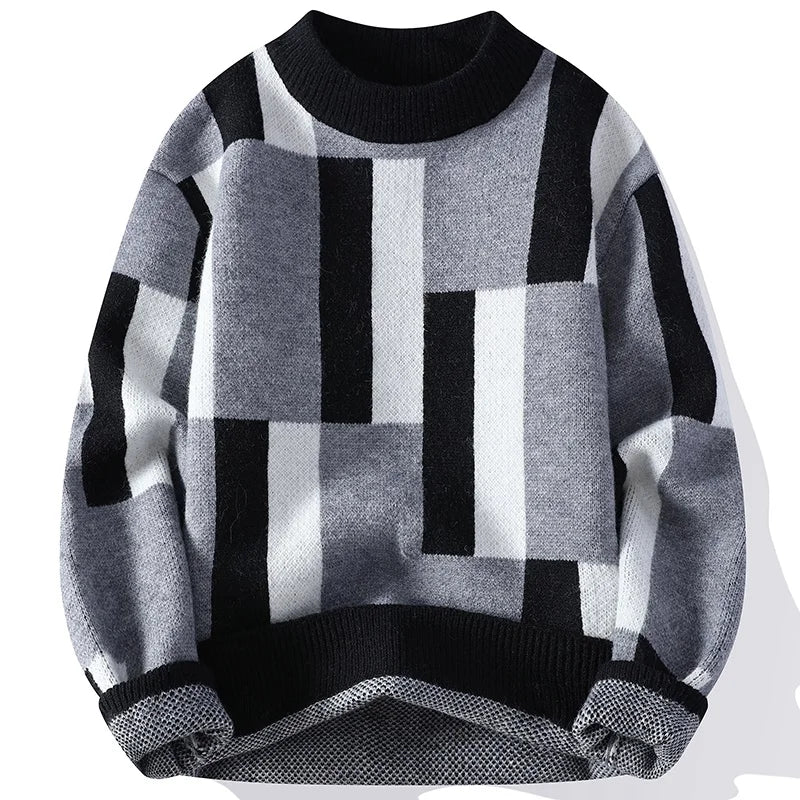 Showlu Fashion Store men's and women's plaid knit sweater with mock neck, casual loose fit, perfect for autumn and winter warmth.