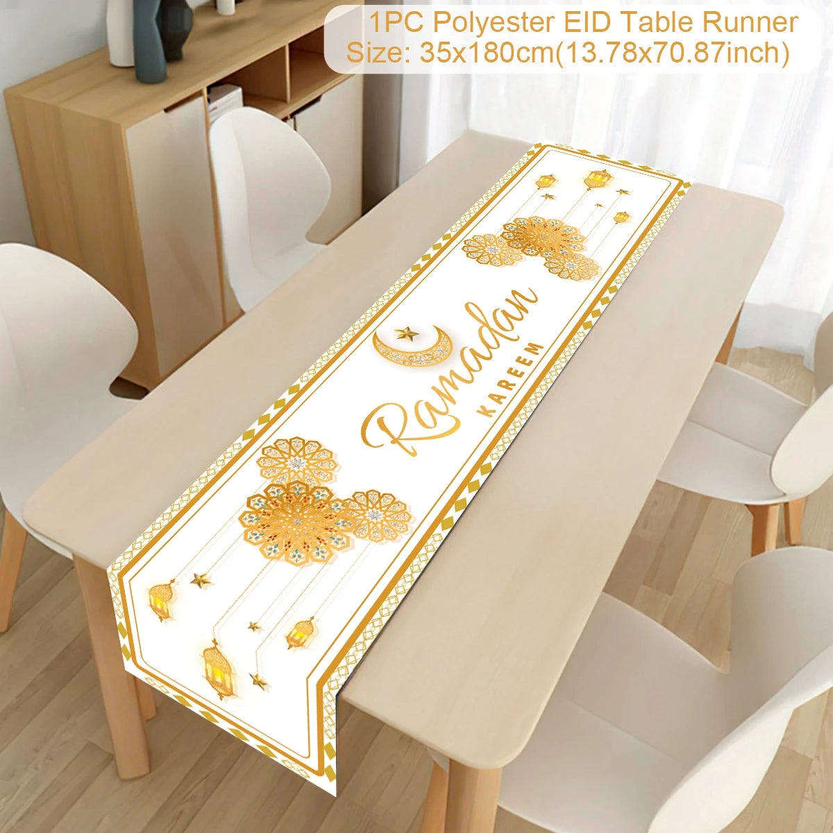 Ramadan decoration table runner with "EID Mubarak" design, Islamic motifs, for home Eid celebration, Ramadan Kareem party decor.