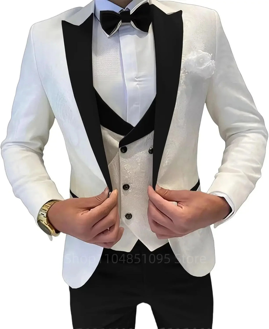 Men's formal wedding suit by Showlu Fashion, three-piece jacquard groom suit with peak lapel blazer, vest, and matching pants.