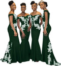Burgundy JC&STAR off-the-shoulder mermaid satin bridesmaid dress with fitted silhouette and elegant design.