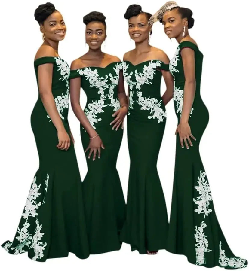 Burgundy JC&STAR off-the-shoulder mermaid satin bridesmaid dress with fitted silhouette and elegant design.