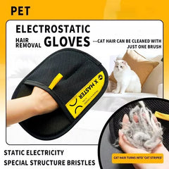 A black electrostatic pet hair removal glove with a yellow strap being used to collect cat fur.