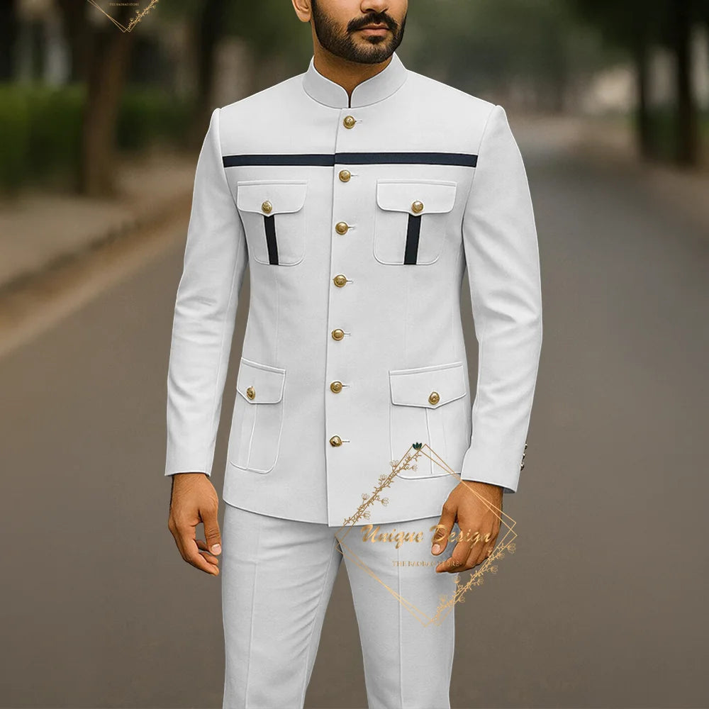 Ivory formal safari suit for men, custom-made Indian menswear set including jacket and pants, slim fit wedding groom attire.