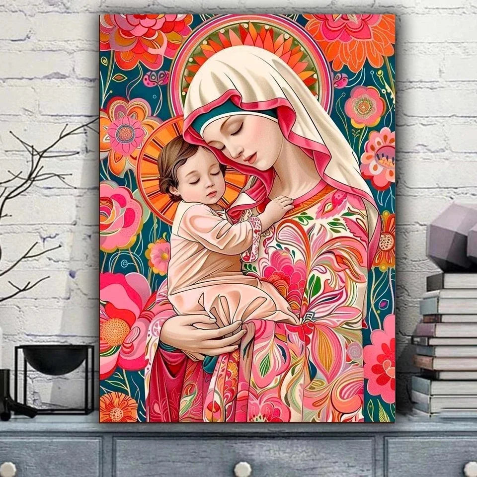 Beadslove Virgin Mary and Jesus 5D diamond painting kit with full drill, colorful religious artwork, and sparkling diamond details.