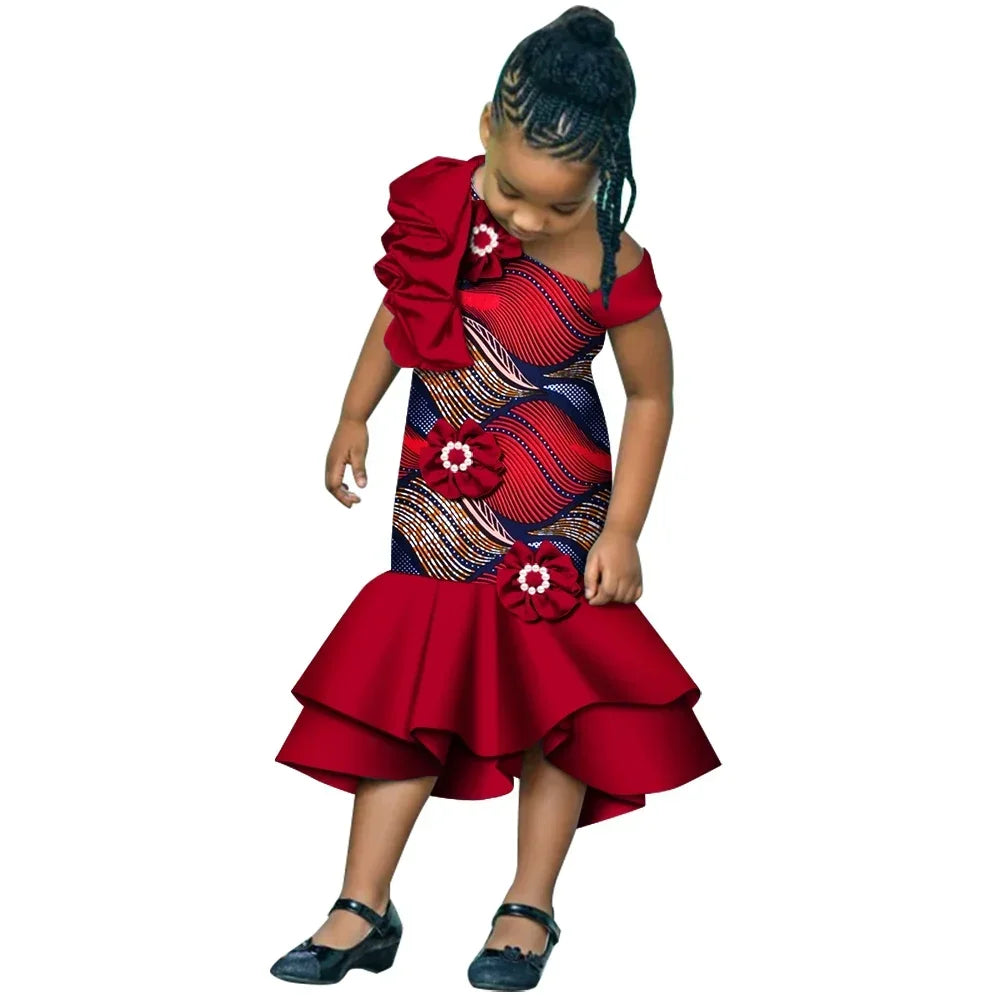 Colorful African print girls' mermaid dress by SHOWLU FASHION STORE, cotton party gown with vibrant dashiki design.
