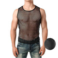 Men's transparent mesh tank top by Showlu Fashion featuring fishnet design, sleeveless, see-through undershirt for night club or sport wear.