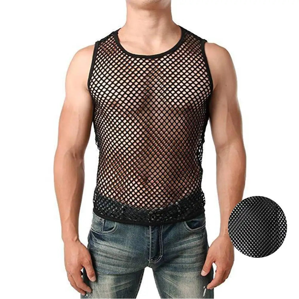 Men's transparent mesh tank top by Showlu Fashion featuring fishnet design, sleeveless, see-through undershirt for night club or sport wear.