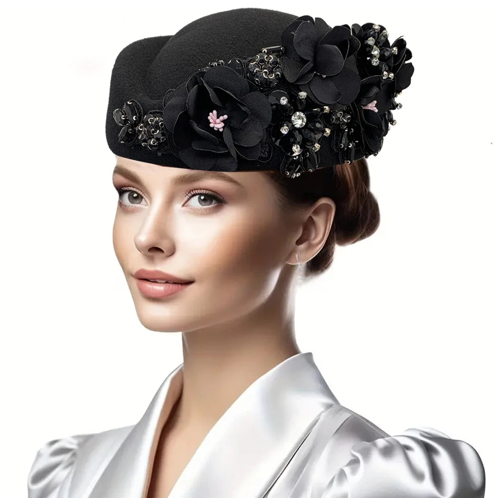 Women Air Stewardess Hat Rhinestone Flower Church Derby Beret Hats for Party Wool Felt Pillbox Costume Cosplay Caps Accessores