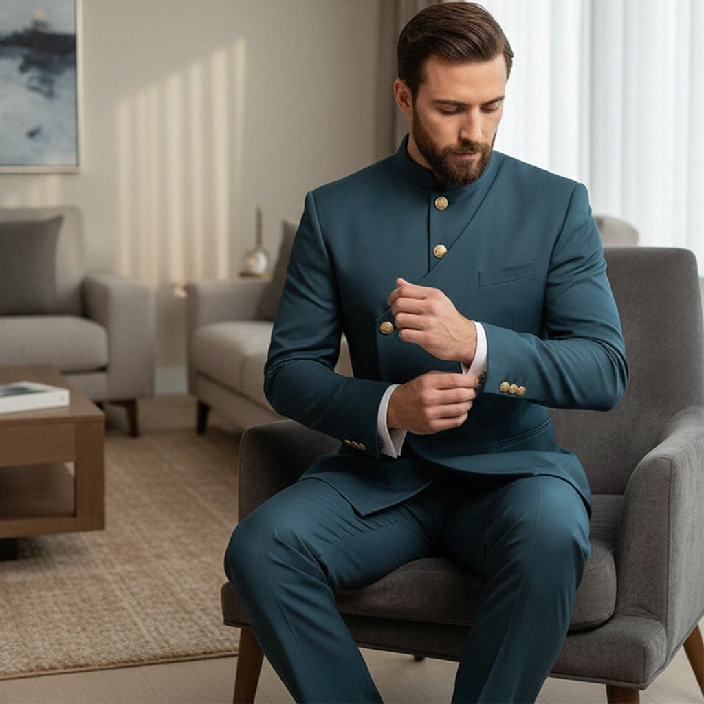 Chinese Suit Men 2 Piece Tunic Suits Slim Fit Safari Suits for Men Mandarin Collar Suit Blazer Pants Set