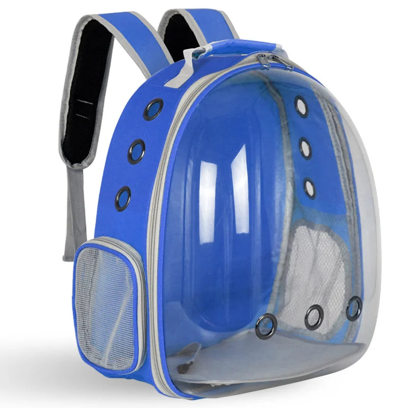 A blue pet travel backpack with a transparent front shell and side mesh ventilation panels.