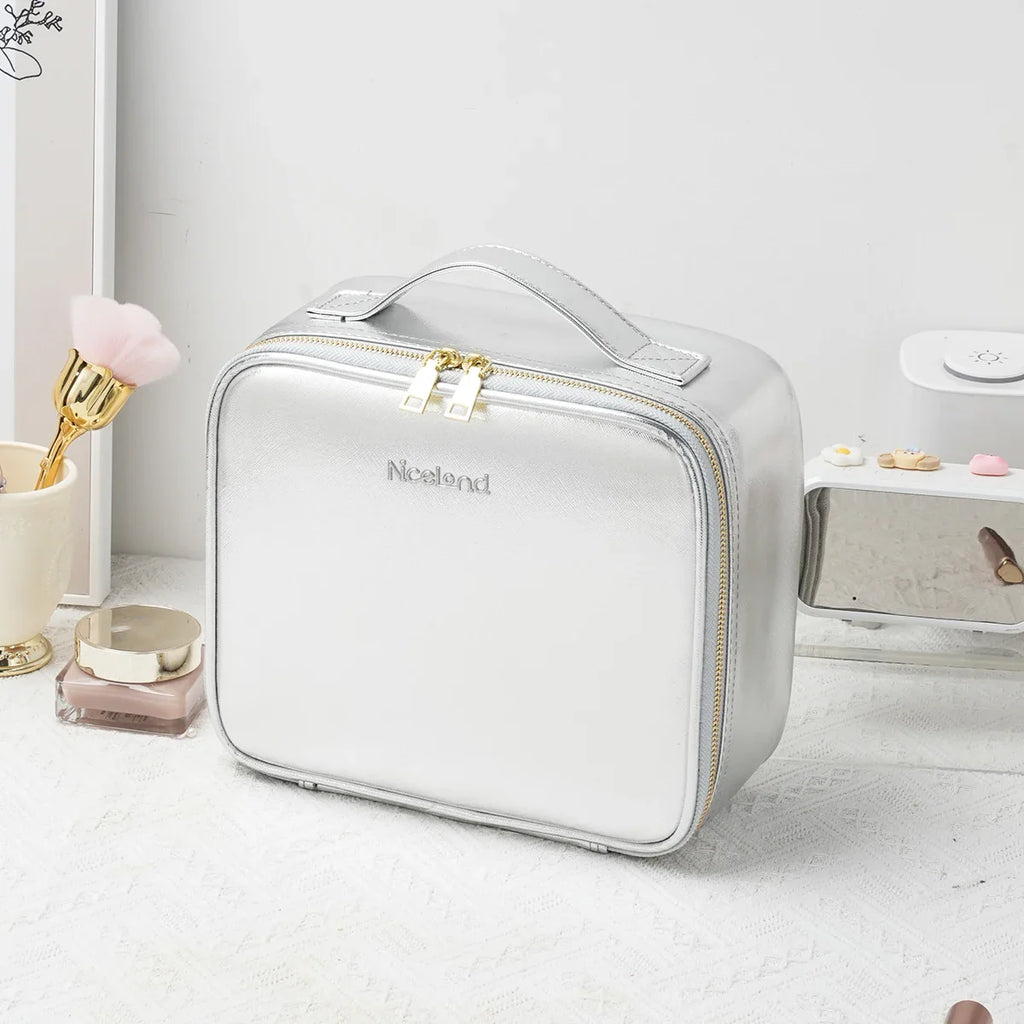SHOWLU travel makeup bag with LED lighted mirror and PU leather toiletry case, compact and stylish for organization on the go.