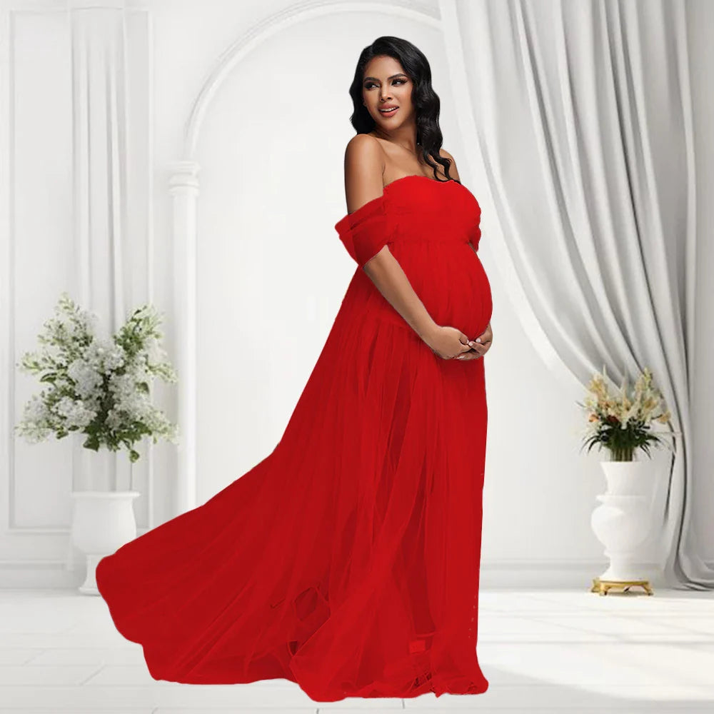 Showlu Lace Mesh Maternity Gown, off-shoulder pregnancy photo dress with elegant lace and flowing fabric, perfect for maternity photoshoots.