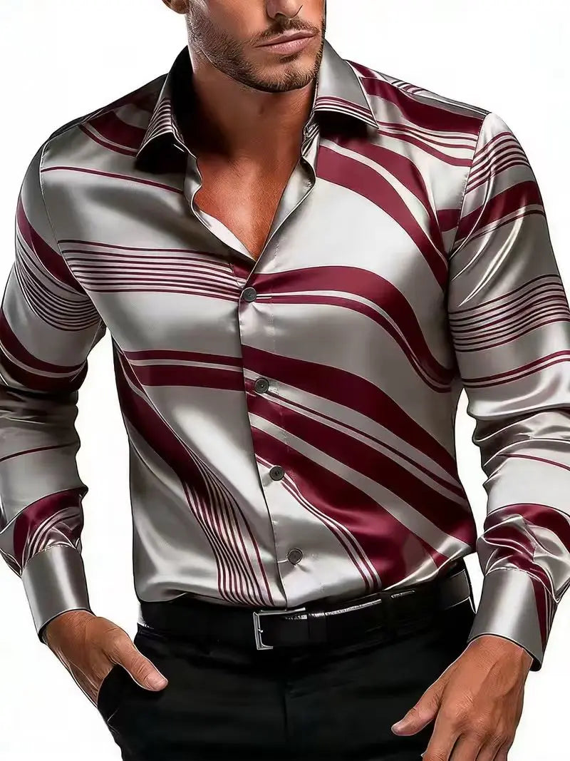 Men's fashionable long sleeve shirt with 3D flame print and button-up design by Showlu Fashion Store