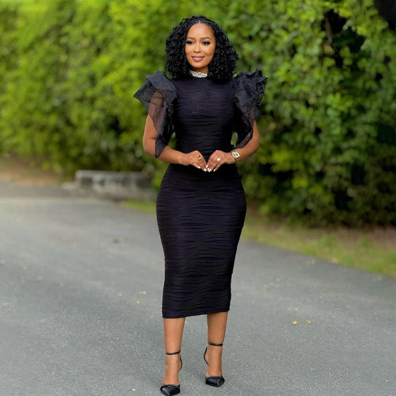 New African Fashion Women Dress O Neck Ruffle Sleeves Package Hips Bodycon Dress Office Lady Evening Birthday Party Vestidos