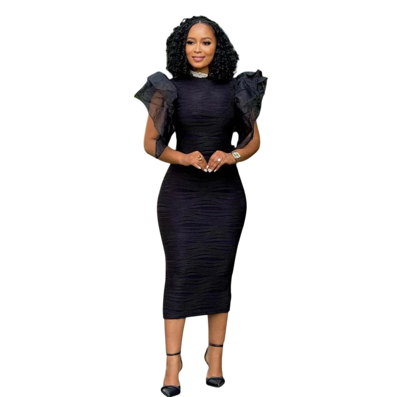 Elegant black AYLUCN women's bodycon party dress with o-neck and ruffle sleeves, mid-calf length, by SHOWLU FASHION STORE.