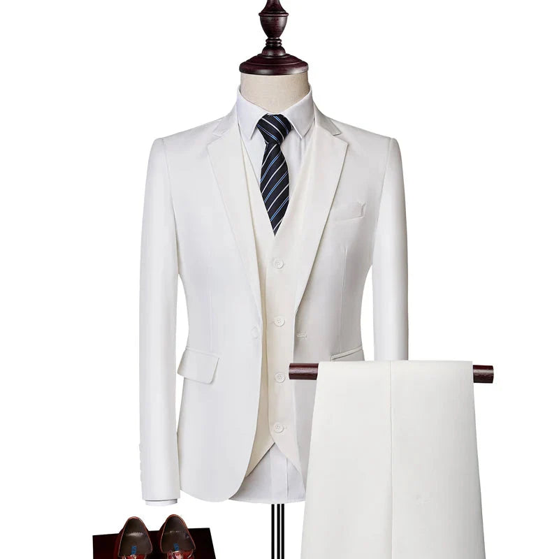 SHOWLU Men's pink three-piece wedding suit with slim fit, featuring a jacket, vest, and trousers for a stylish, casual wedding look