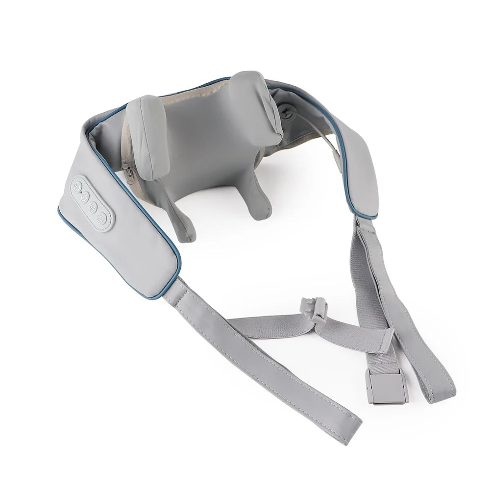 Showlu Smart General electric deep tissue neck and shoulder massage shawl with heating and adjustable settings, shown draped over shoulders.