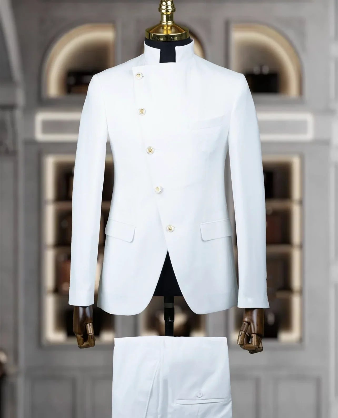 Men's slim fit wedding tuxedo by SHOWLU FASHION STORE featuring a stand collar cotton suit jacket and matching trousers.
