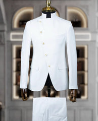Fashion Stand Collar Men Suits 2 Piece Formal Single Breasted Smart Casual Outfits Solid Color Chic Wedding Party Slim Male Suit