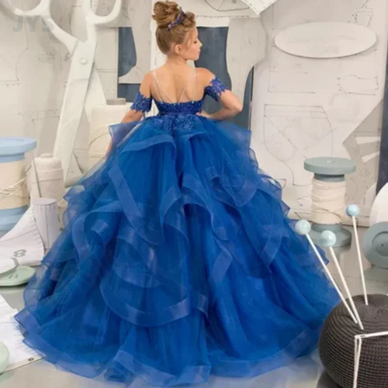 Off-shoulder tulle flower girl dress by Gdybao, elegant ball gown for kids with floral appliques and a full skirt.
