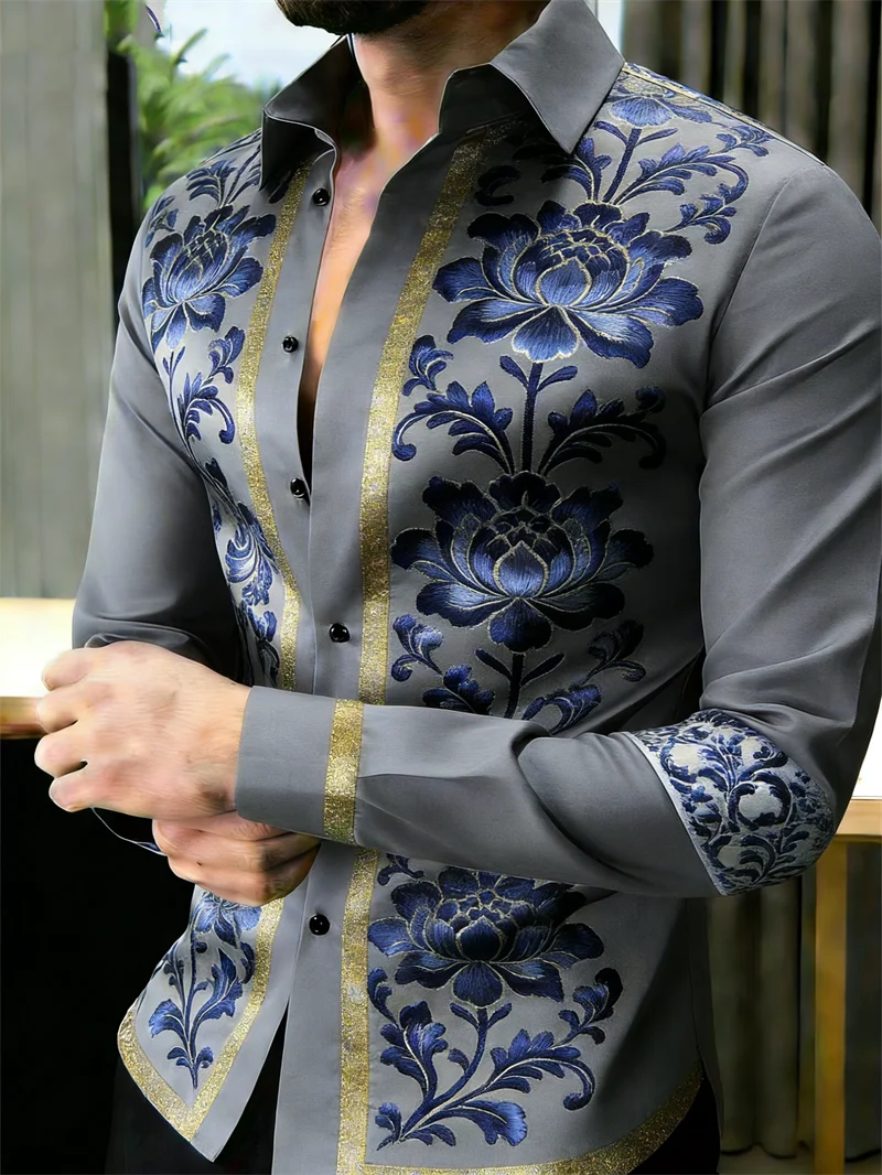 Men's 3D printed long sleeve shirt with colorful floral pattern, casual lapel top from Showlu Fashion Store.