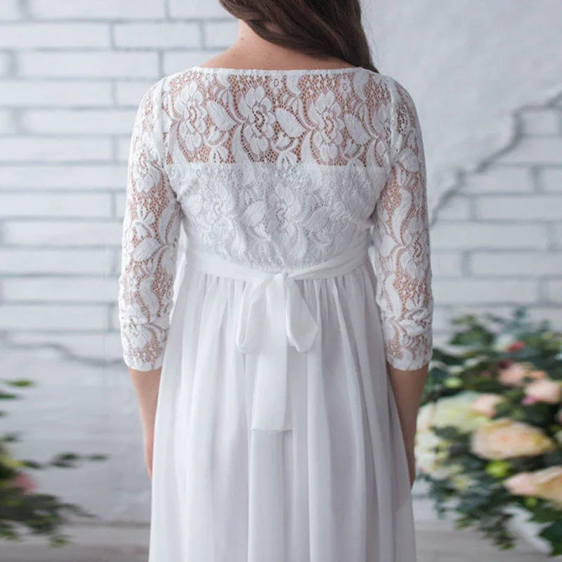 Lace maternity maxi gown with 3/4 sleeves by SHOWLU FASHION STORE, elegant photography dress for expecting mothers.