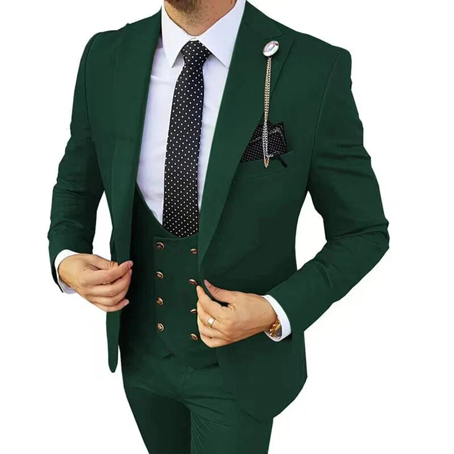 Kromoc men's 3-piece slim fit wedding suit with wool blend fabric and peak lapel, shown in black on a model.