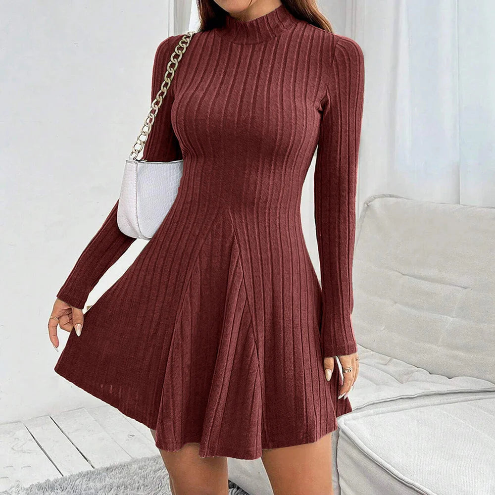Mia Muse women's long sleeve mock neck A-line mini casual dress in soft fabric, shown on a model, stylish and comfortable for everyday wear.