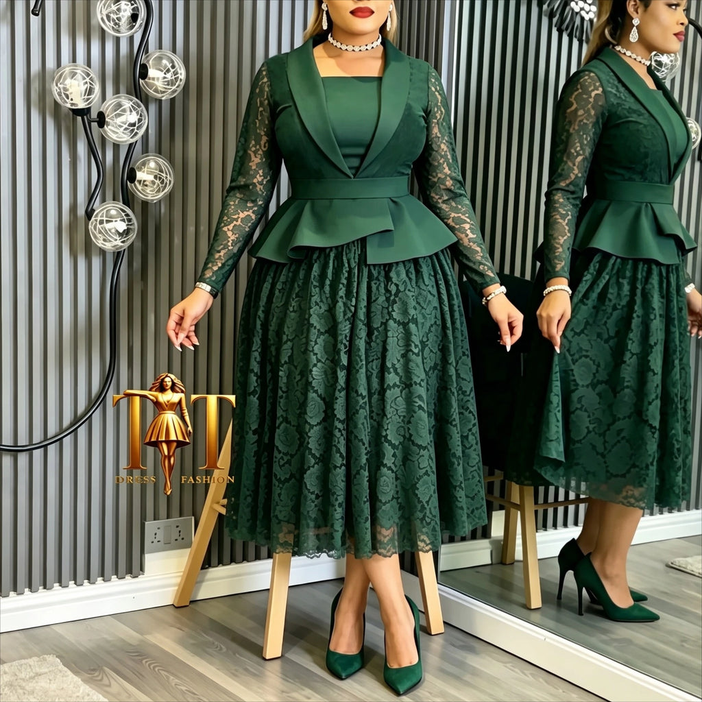 Fashion Women A Line Lace Dress Square Neck Long Sleeves Asymmetrical Peplum African Church Celebrations Event Party Outfit