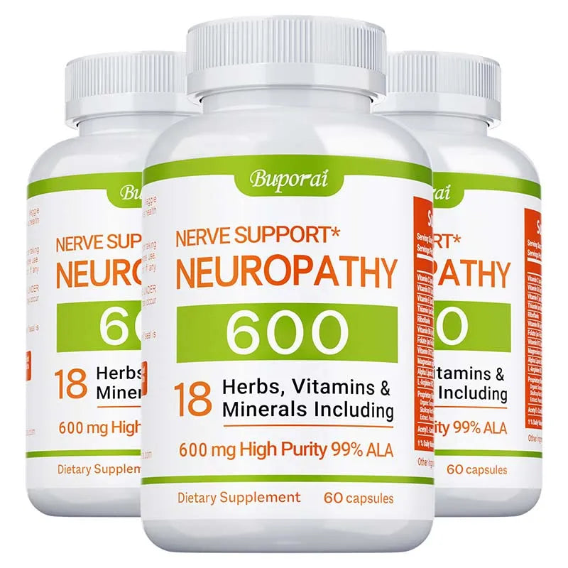 Showlu Fashion Store neuropathy support supplement bottle with 600mg antioxidant formula for nerve health and cellular energy.