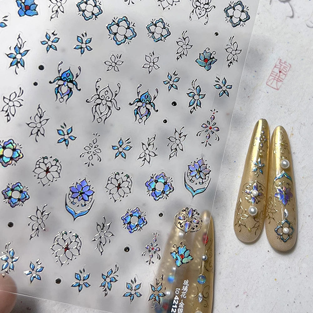 Elegant gold scepter 5D nail art stickers with gemstone patterns, self-adhesive manicure decals, luxurious and courtly design.
