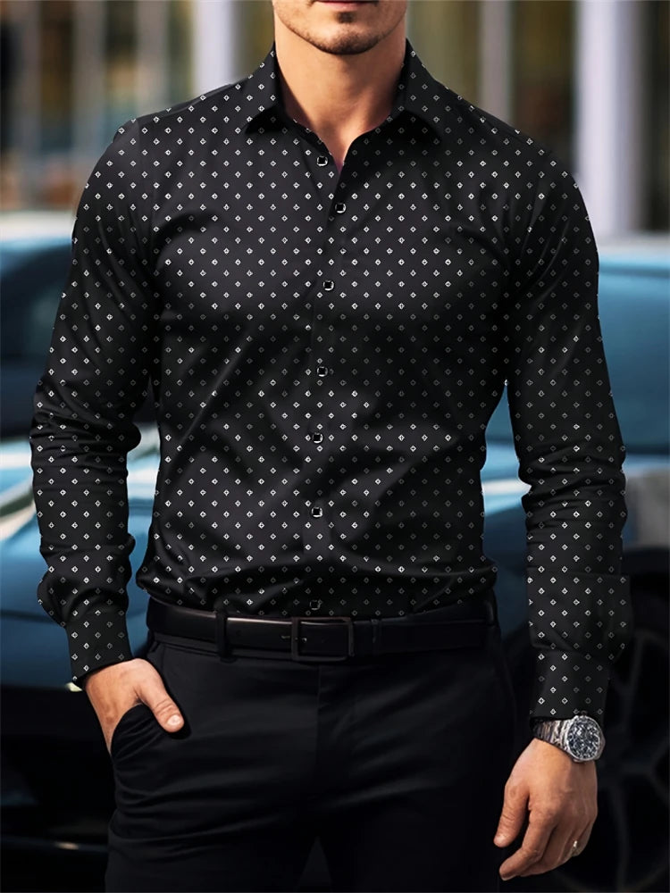 Men's checkered print formal shirt by Showlu Fashion, long-sleeved business casual shirt for spring and fall.