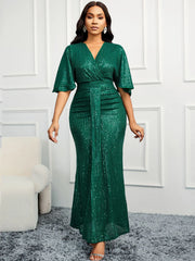 Women Sequin Dress Summer elegant V-Neck Ruffles Short Sleeves Vintage Pencil Pleats Slim Fit Fashion Banquet Cocktail Party