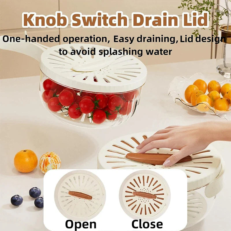 Showlu 2-in-1 fruit and vegetable washing basket with lid drainer, featuring a durable plastic design and integrated draining system.