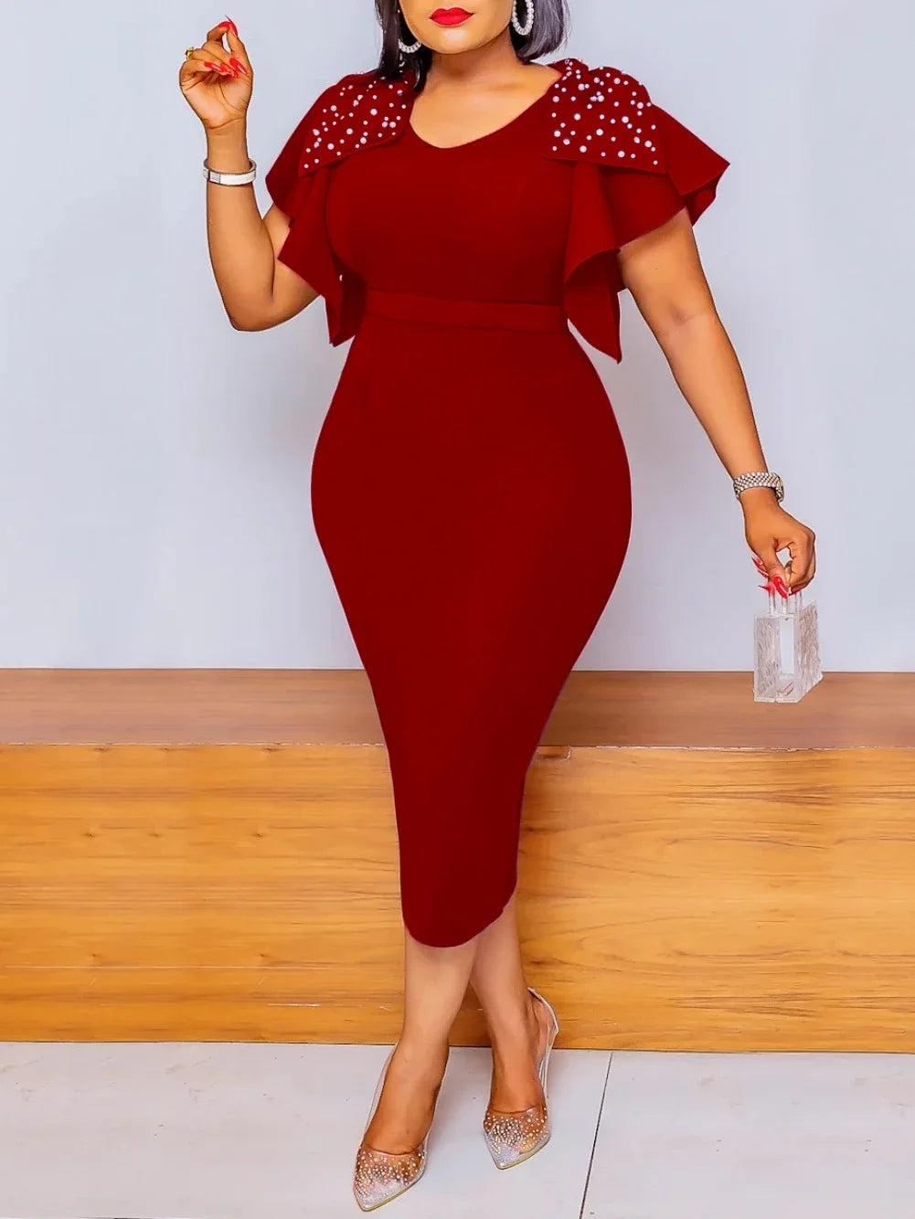 Women Party Dress Bodycon Short Ruffles Sleeves with Bows High Waist African Female Package Hips Celebrate Elegant Ladies Gowns