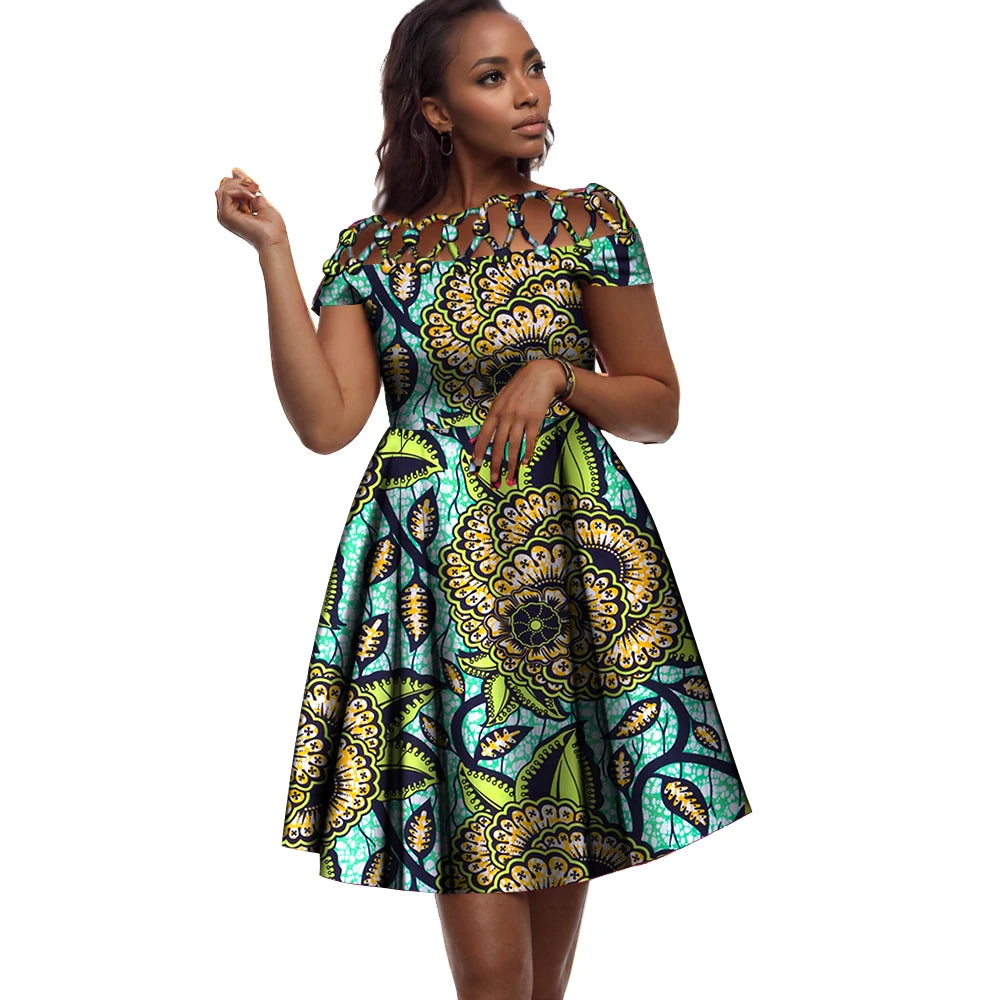 BintaRealWax African Dresses for Women Cotton Rope Weaving Collar African Print Wax Clothing Knee-Length Lady Dress WY335