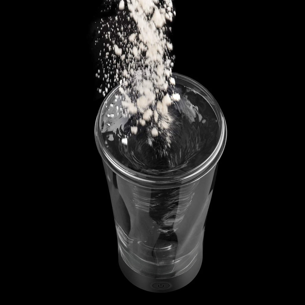 Showlu Electric Protein Shaker Cup with USB rechargeable portable blender, featuring sleek design and blending blades inside.
