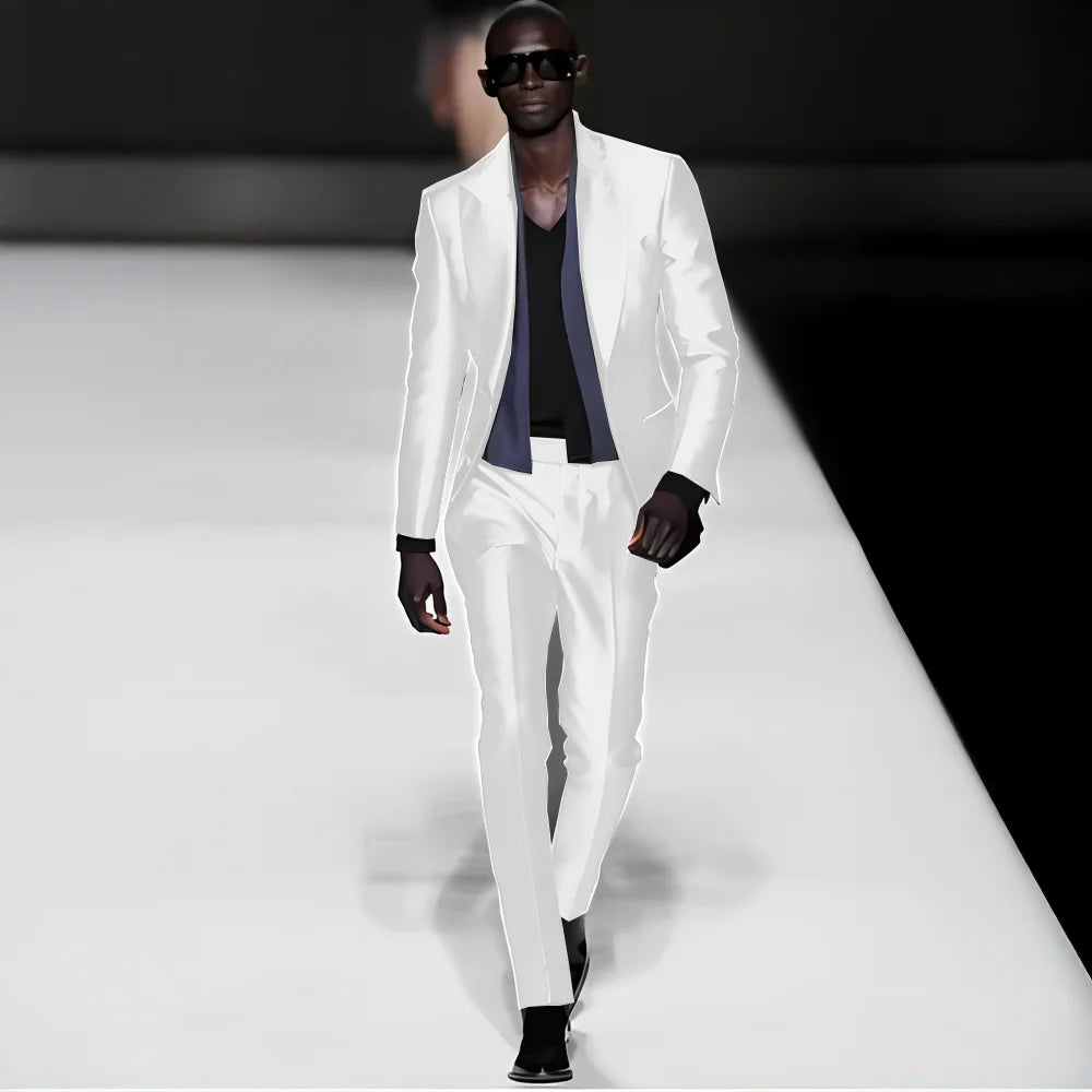 Elegant satin men's two-piece suit with peak lapel blazer and matching pants, ideal for weddings, parties, and formal events.