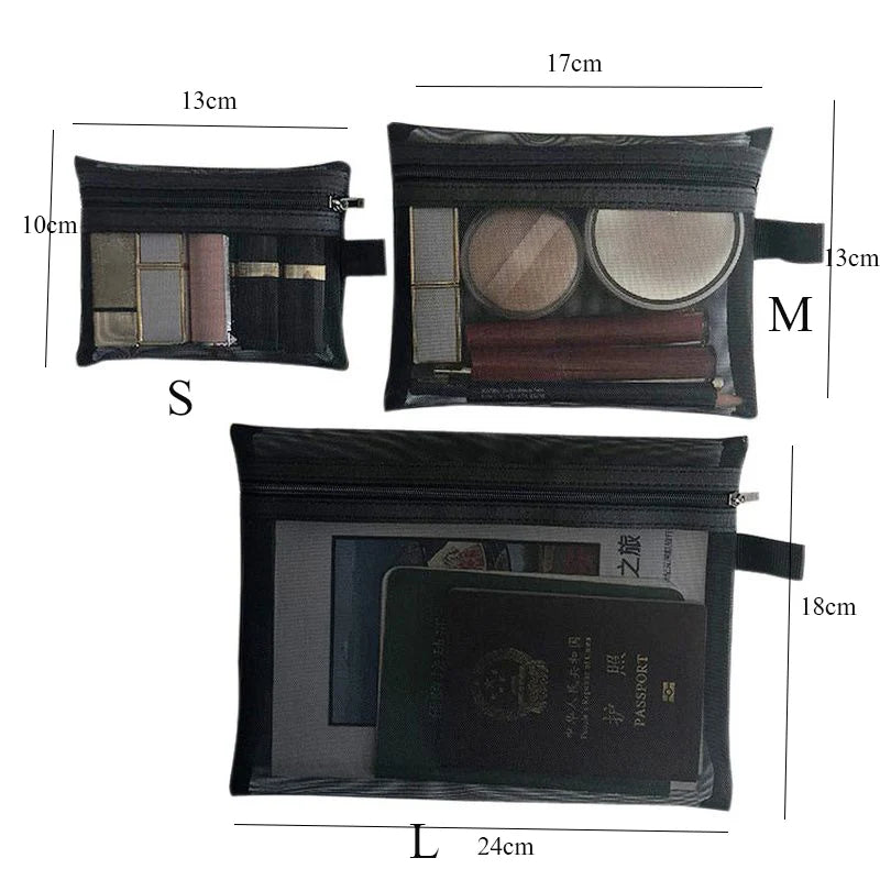 Black transparent mesh makeup bag for women, Showlu Fashion Store cosmetic organizer with space for cosmetics and pencils.