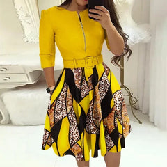 Fashion Women Patchwork A-line Dresses Autumn/Winter Round Neck Printed Belt Party Dress Elegant Office Lady Zipper Dress