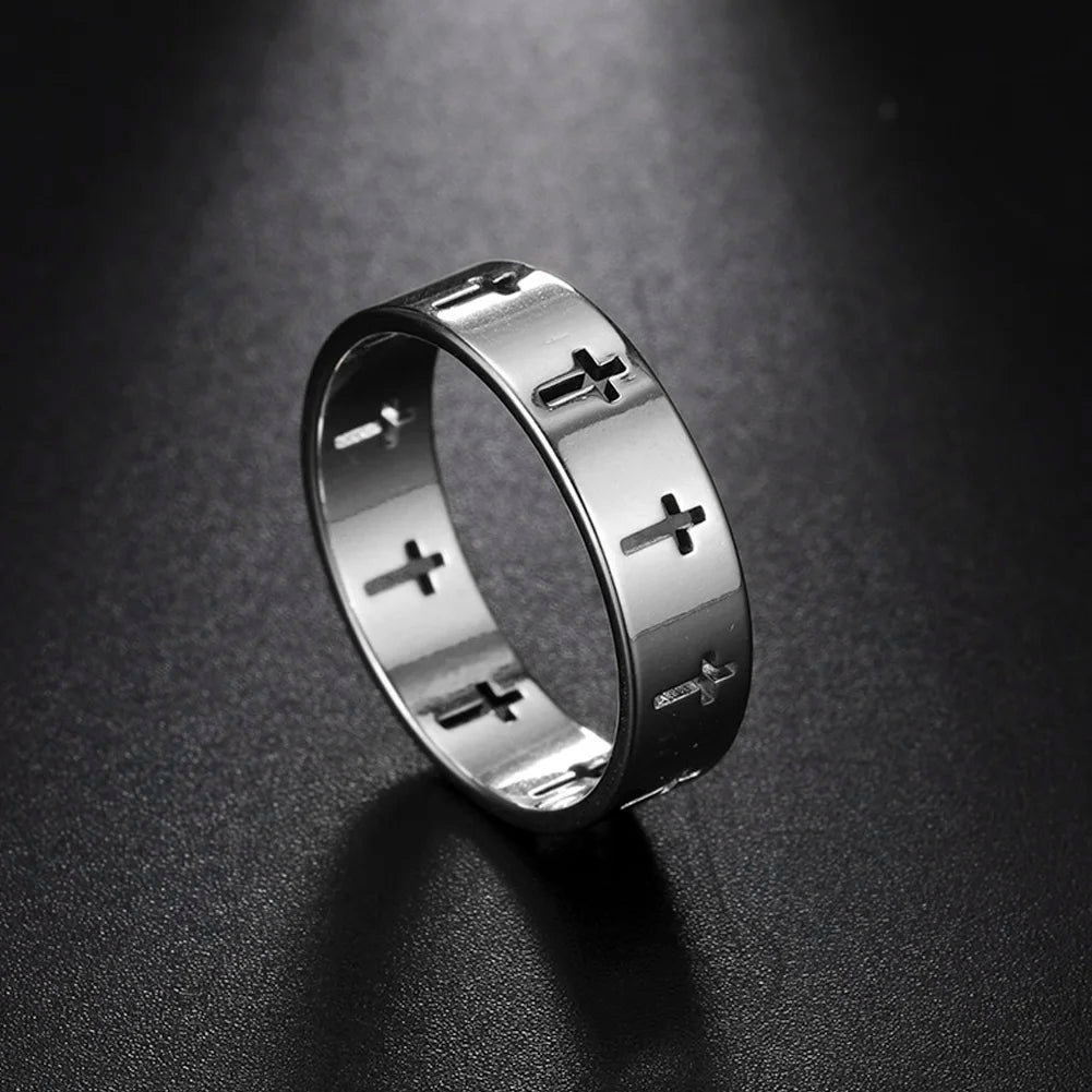 Stainless steel Gothic cross couple ring with punk design, featuring a dark, edgy style for wedding or special occasions.
