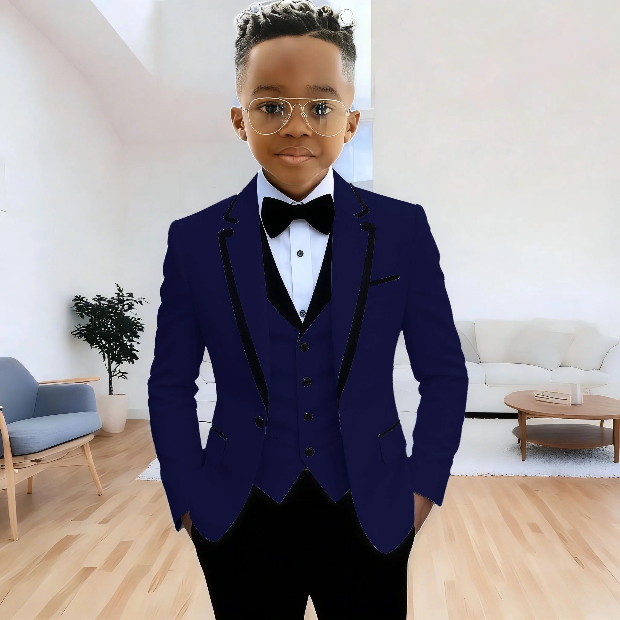 Showlu Smart General boys' formal suit with jacket, pants, and vest featuring notched lapel, perfect for weddings and parties.