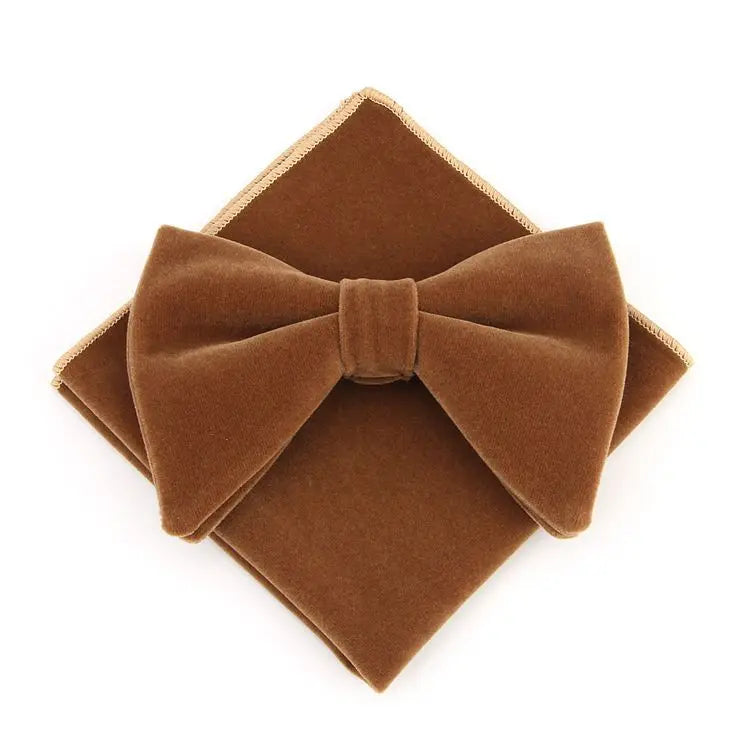 Showlu Fashion Mens velvet big bowtie, pocket square, and handkerchief set for wedding dress, featuring a custom logo design.