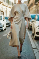 Women's Fashion Elegant Solid Color Tight Waist Bat Sleeve Dress