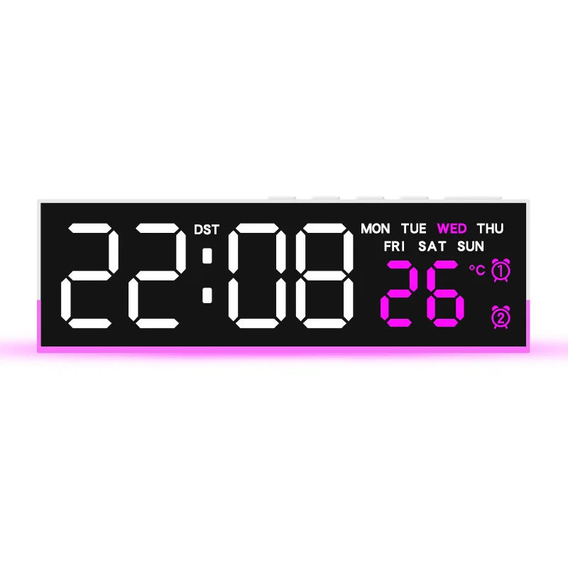 Showlu Smart LED digital alarm clock with mood light, temperature display, and sleek design on a modern bedside table.