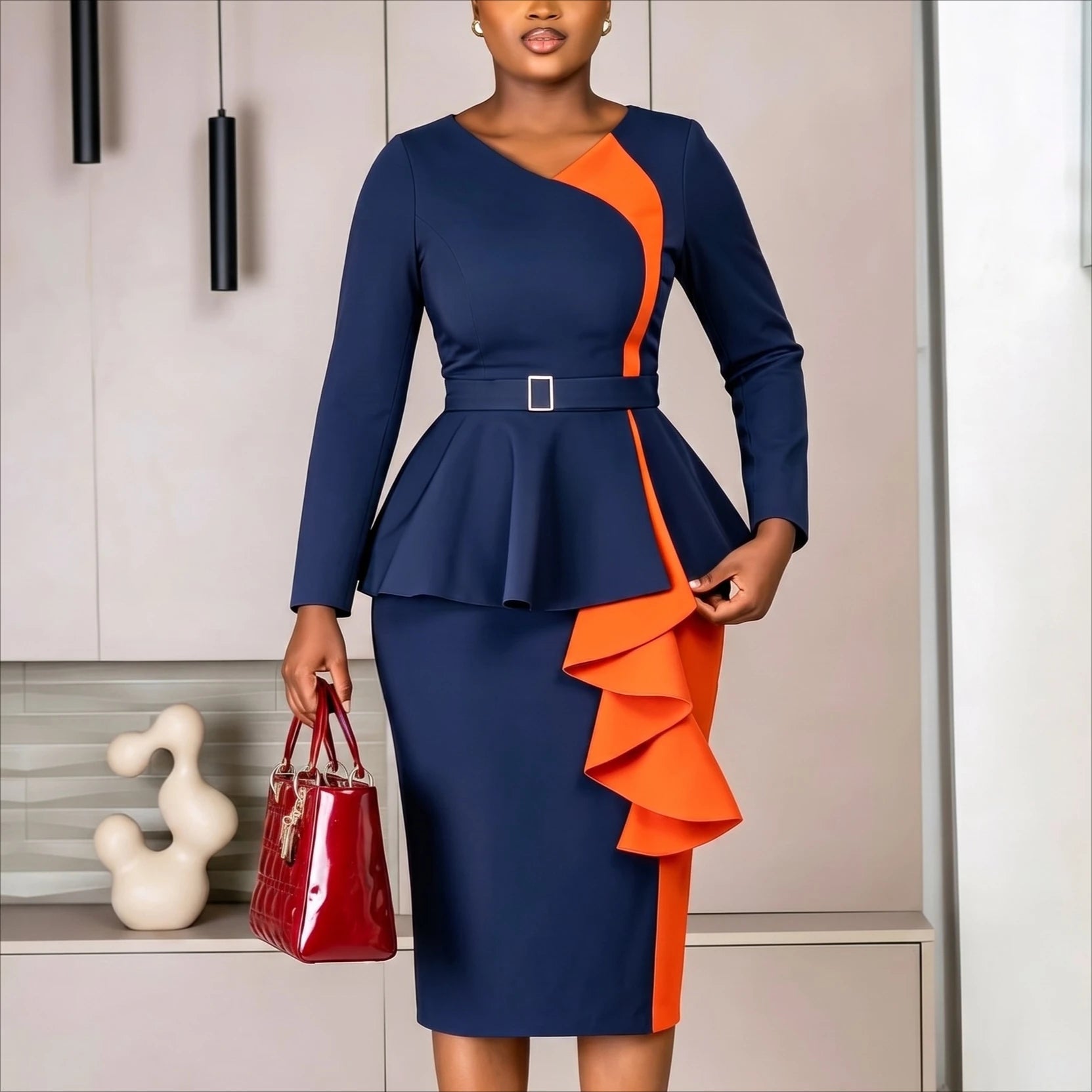 Women Elegant Colorblock Dress V Neck Long Sleeve Belt Peplum Waist Tierred Ruffle Church Wedding Guest Business Party Outfit