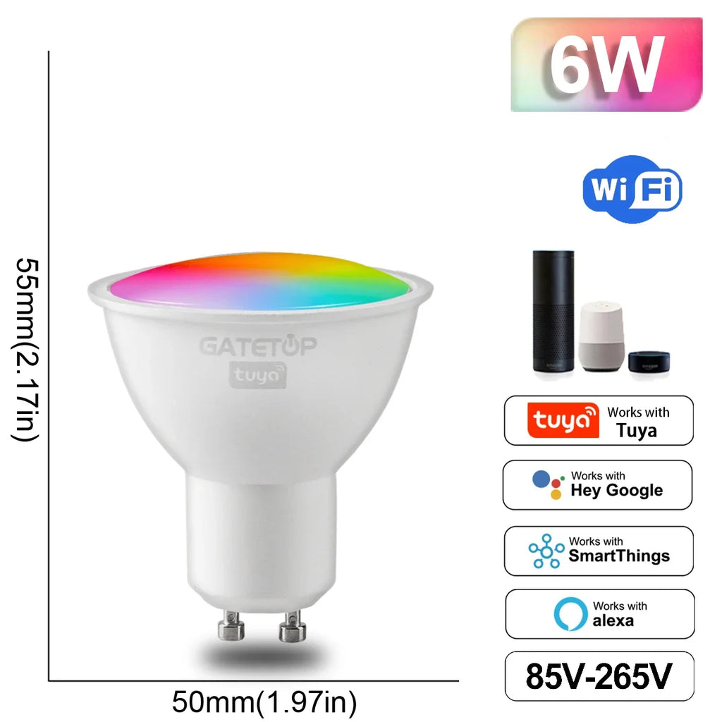 Smart WiFi adjustable color LED spotlight bulb by Showlu Smart General showing a sleek bulb with adjustable color settings.